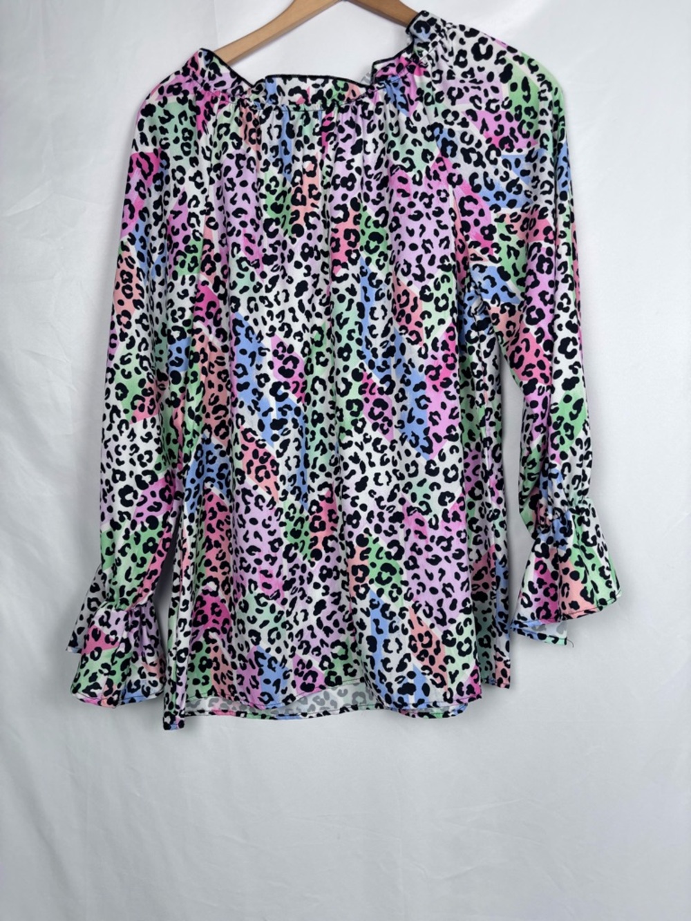 Women's Multi-Color Leopard Print Ruffle V-Neck Top - Picture 8 of 8